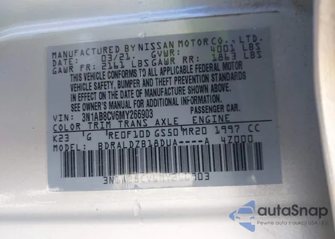 2021 Nissan Sentra Sv Xtronic Cvt from USA, damaged, VIN 3N1AB8CV6MY266903